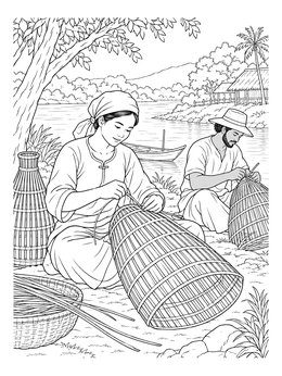 Two artisans crafting wicker baskets along a riverbank in this weaving coloring page.