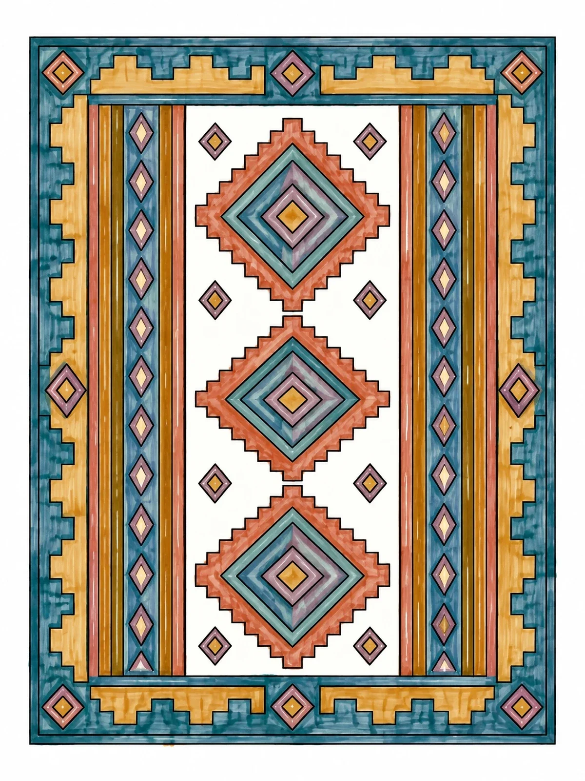Colored example of the Geometric Woven Rug Pattern coloring page