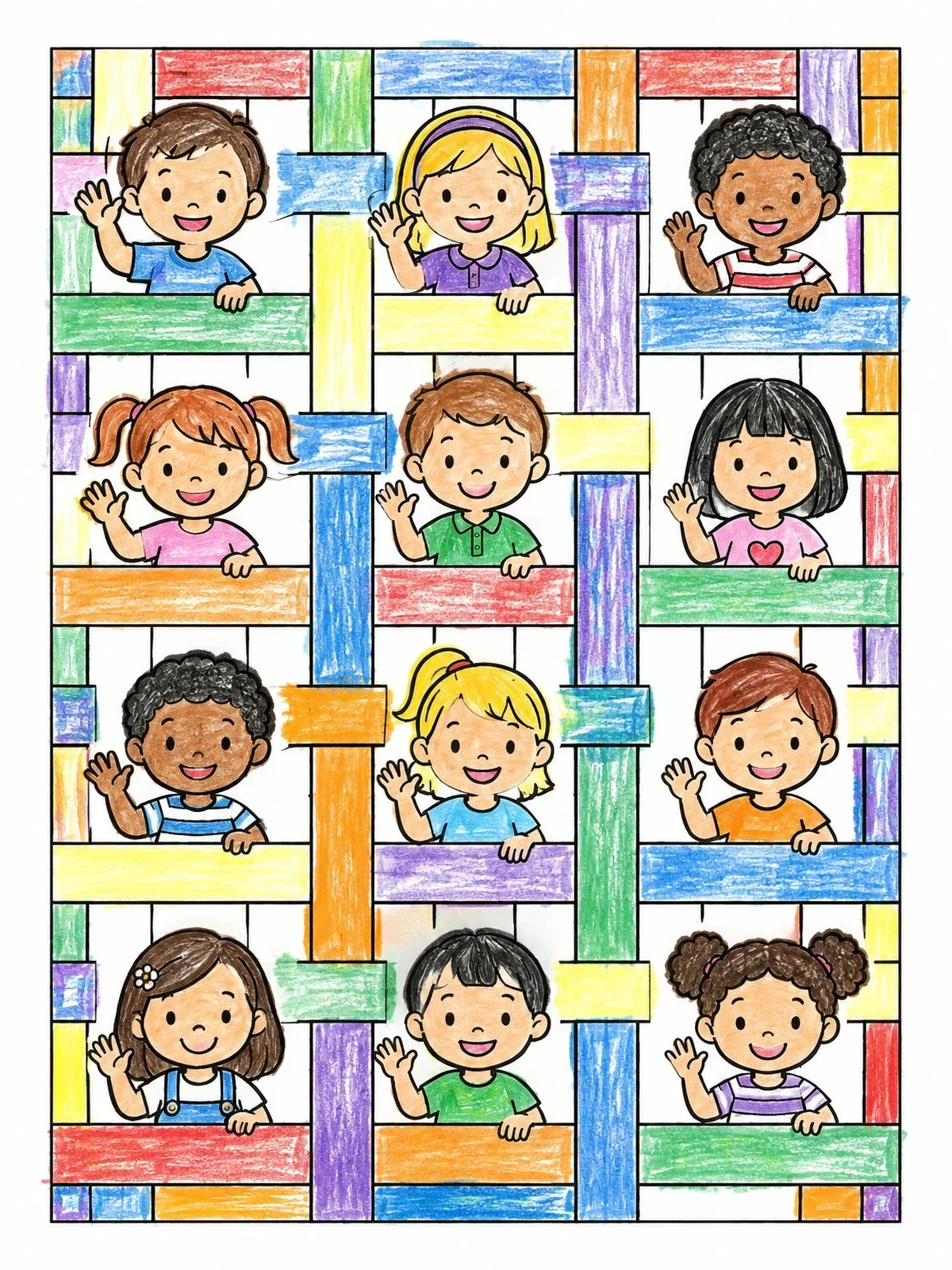 Colored example of the Happy Children In A Woven Grid Pattern coloring page