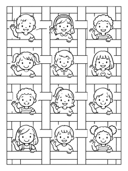 Free printable Happy Children In A Woven Grid Pattern coloring page