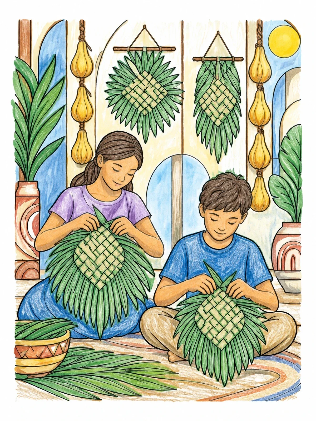Colored example of the Weaving Palm Fronds For Sukkot coloring page
