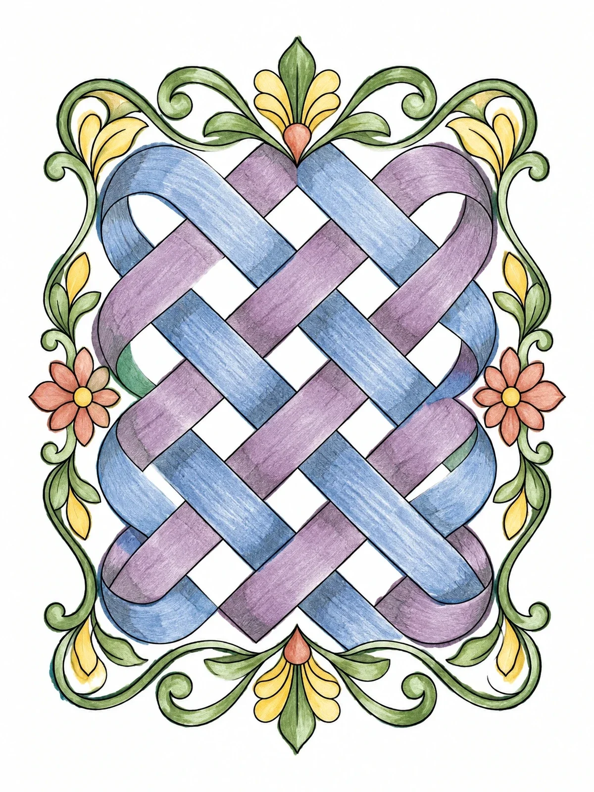 Colored example of the Ribbon Weave With Floral Border coloring page