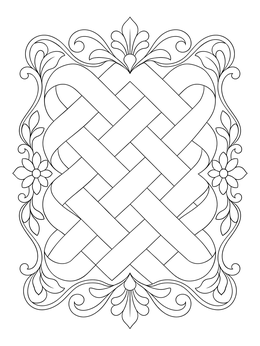 Interlaced ribbon pattern in this textile weaving coloring page with decorative floral border.