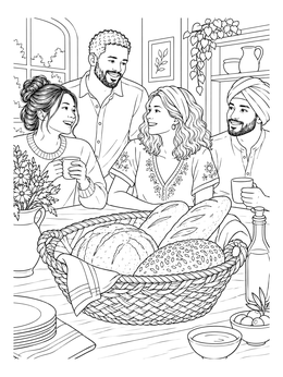 A detailed woven bread basket set before a smiling group in this weaving coloring page.