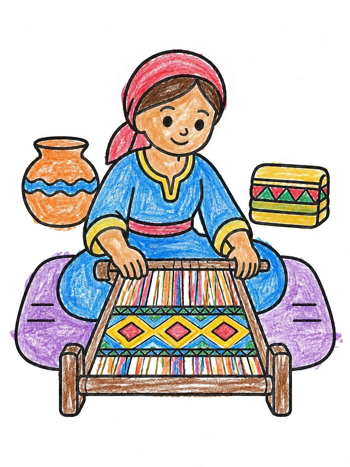 Colored example of the Young Weaver At Floor Loom coloring page