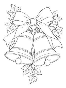 A decorative wedding coloring page featuring two bells tied with a large ribbon bow and ivy leaves.