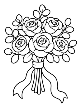 A bridal bouquet of roses and leaves tied with ribbons on this wedding coloring page.