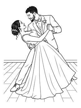 A joyful wedding coloring page featuring a groom dipping his bride on the dance floor.