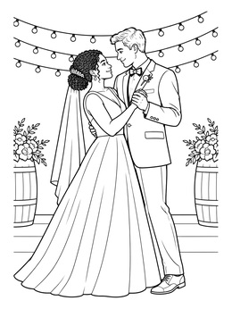 A wedding coloring page showing a bride and groom dancing together under hanging fairy lights.