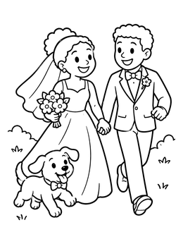 Free printable Bride And Groom Walking With Puppy coloring page