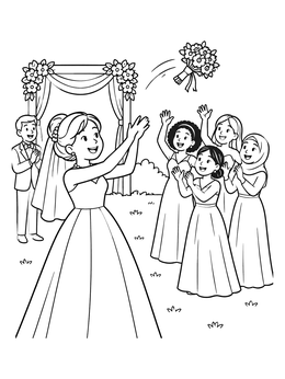 A joyful bride tosses her bouquet to smiling bridesmaids in this wedding coloring page.