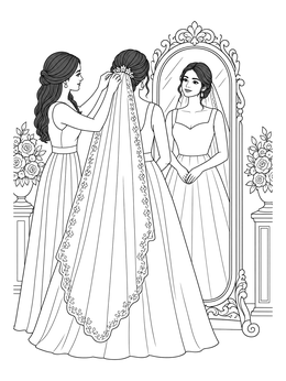 A bride checks her reflection in this wedding coloring page as a bridesmaid adjusts her veil.