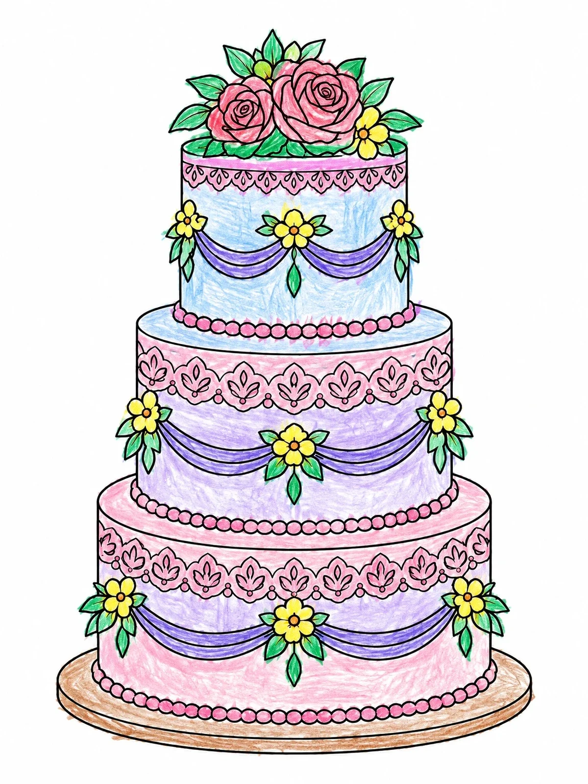Colored example of the Elegant Tiered Cake With Floral Swags coloring page