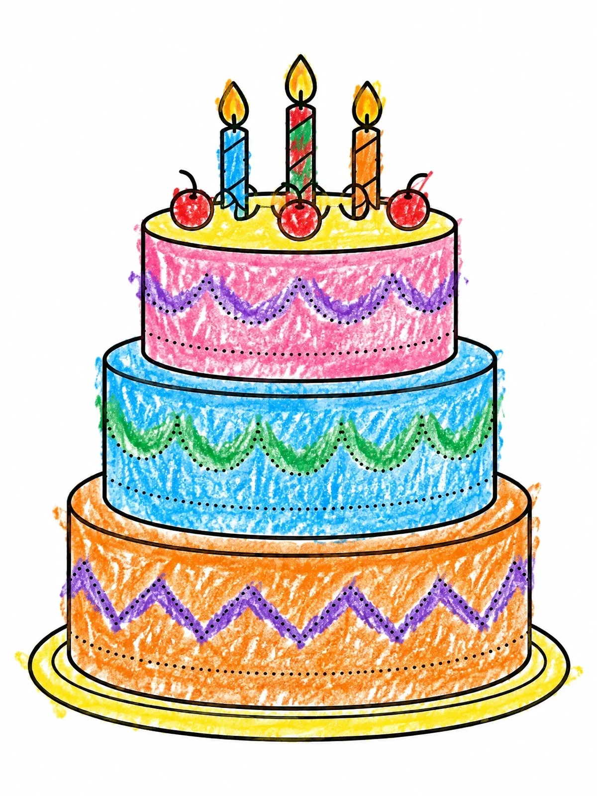 Colored example of the Three Tier Cake With Dotted Patterns coloring page