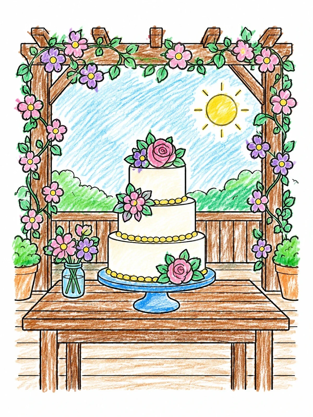 Colored example of the Wedding Cake Under Floral Pergola coloring page