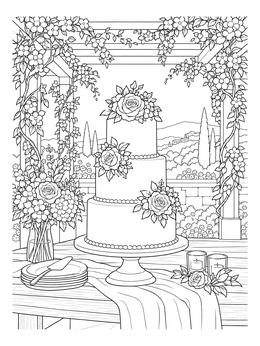 A floral wedding cake coloring page on a wooden table beneath a blooming pergola.