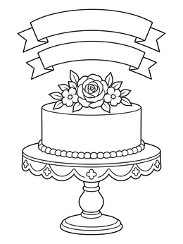 A single tier wedding cake coloring page on an ornate stand with empty banners above.