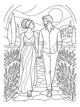 A wedding coloring page showing an elegant couple strolling hand in hand along a stone path.