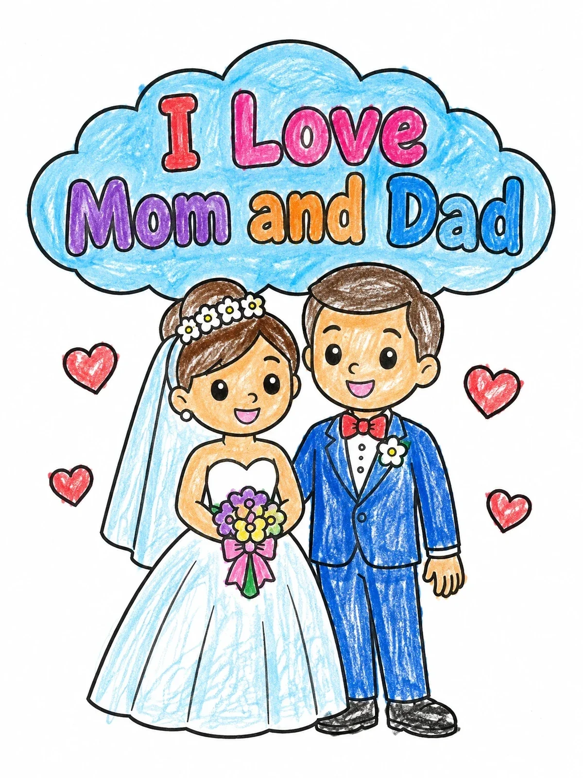 Colored example of the Wedding Day With Mom And Dad coloring page