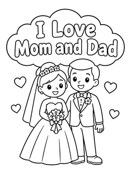 Cartoon bride and groom on a sweet mom and dad coloring page with hearts and text.