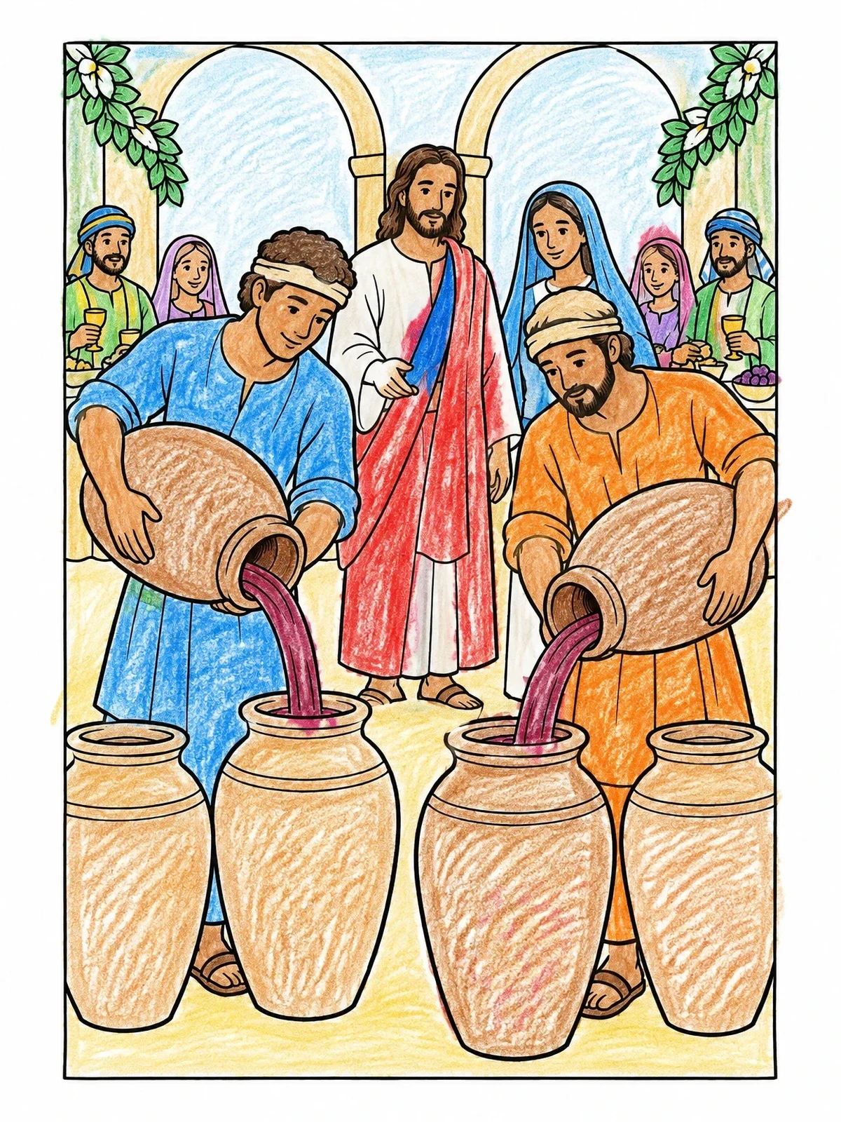 Colored example of the Wedding Feast Miracle At Cana coloring page