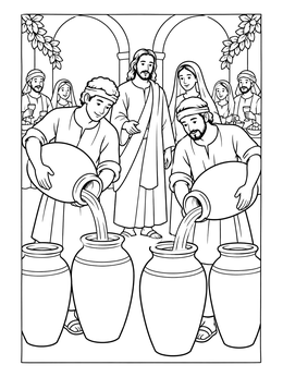 Servants pour water into stone jars in this Jesus miracles coloring page depicting the wedding at Cana.