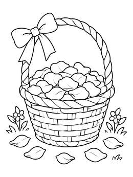 A woven flower girl basket full of petals in this wedding coloring page.