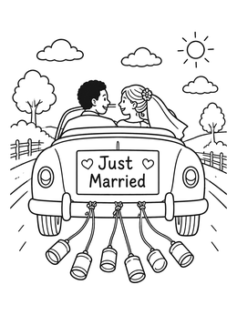 A wedding coloring page showing newlyweds driving away in a car with cans tied to the bumper.