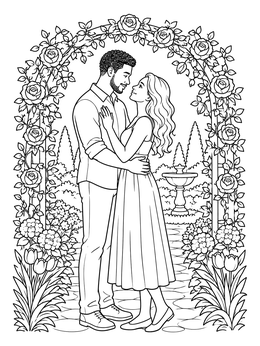 A wedding coloring page showing an affectionate couple embracing under a blooming rose archway in a garden.