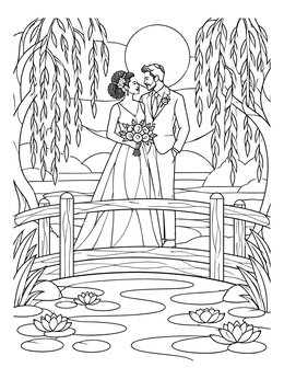 A bride and groom standing on a bridge feature in this detailed wedding coloring page.
