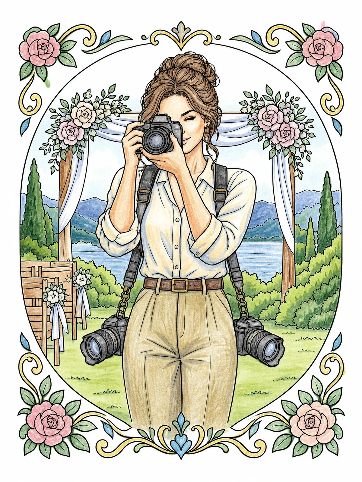 Colored example of the Wedding Photographer With Cameras Outdoors coloring page