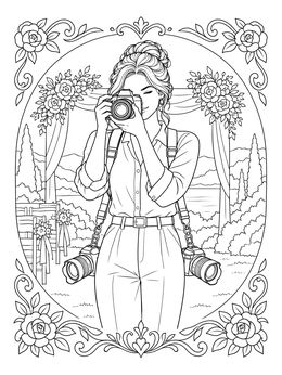 A wedding photographer takes photos in this camera coloring page framed by floral borders.