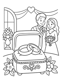 A wedding coloring page showing interlocking rings in a box in front of a smiling bride and groom.