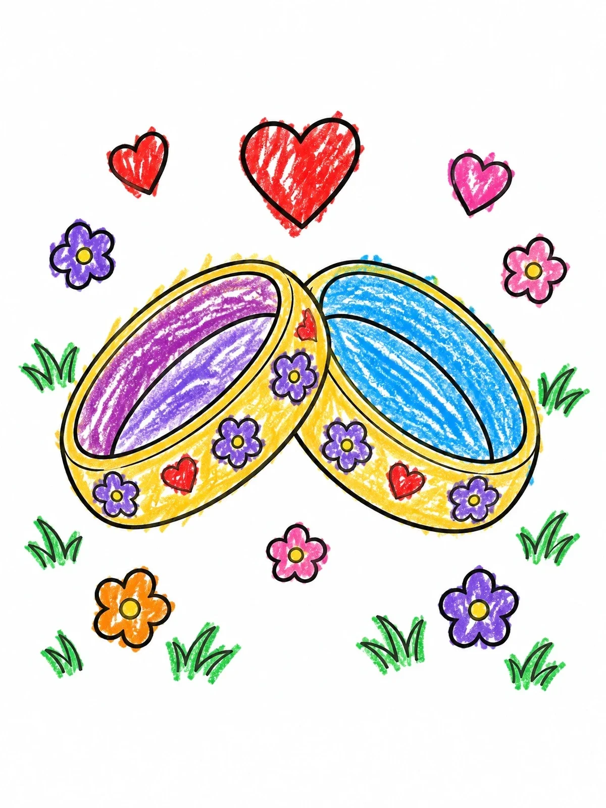 Colored example of the Wedding Rings With Flowers And Hearts coloring page