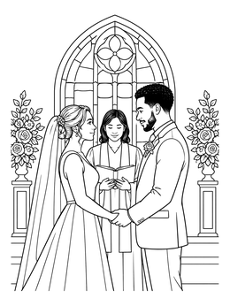A bride and groom holding hands in this wedding coloring page.