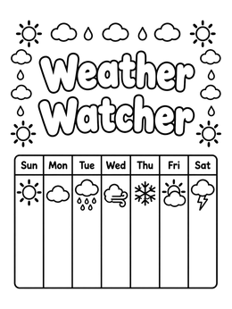 Weekly chart with cute sun, cloud, and rain icons on a weather coloring page.