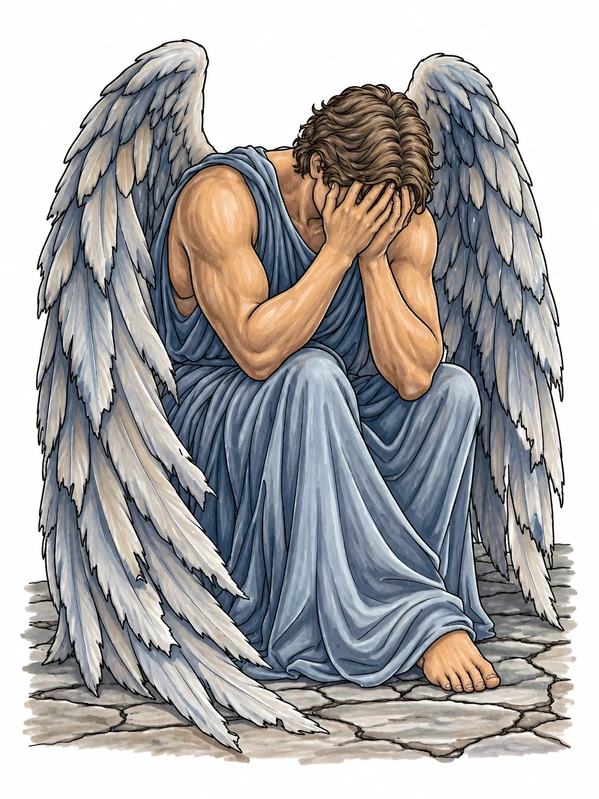 Colored example of the Weeping Fallen Angel On Cracked Stone coloring page