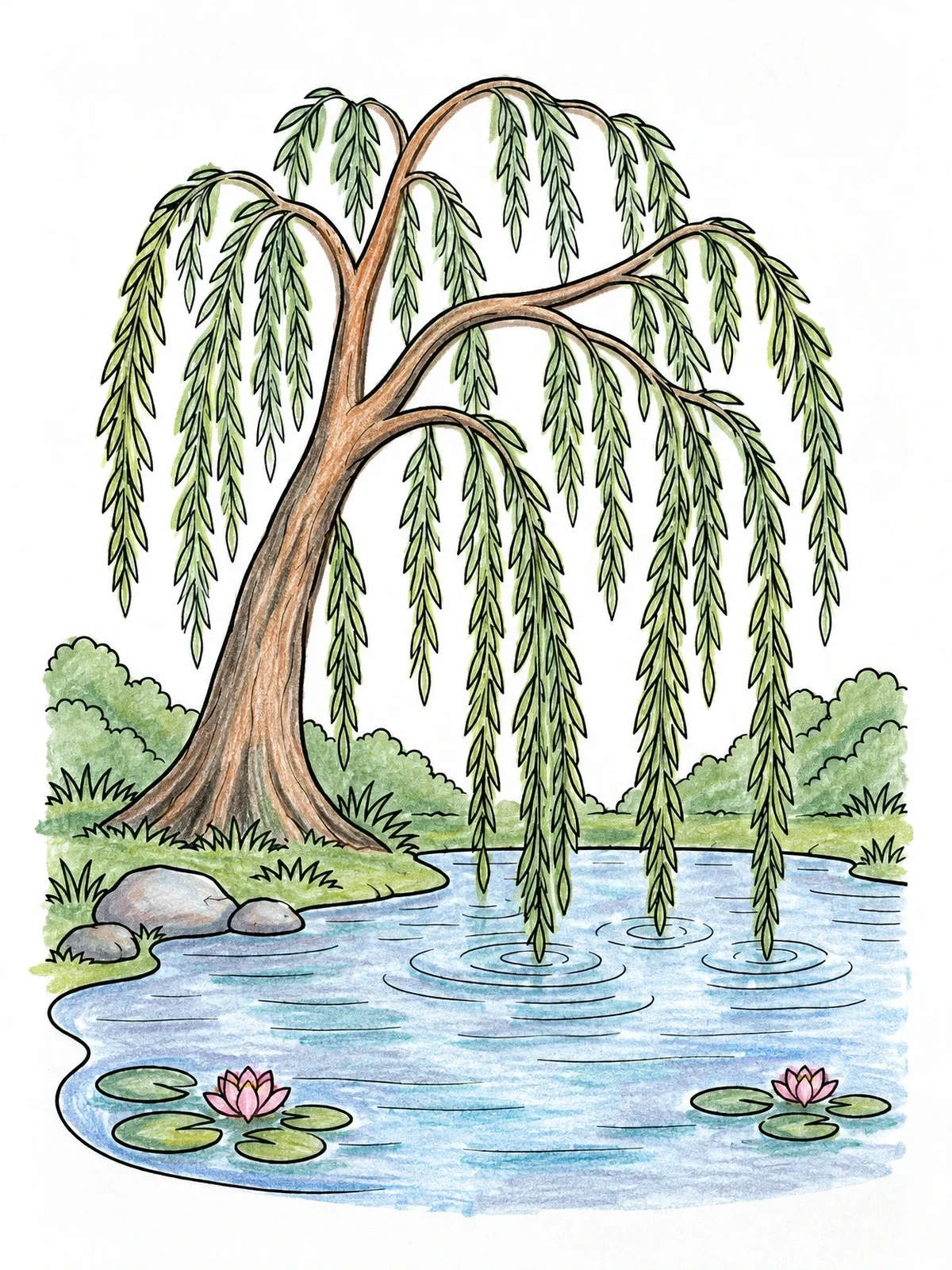 Colored example of the Weeping Willow By A Quiet Pond coloring page
