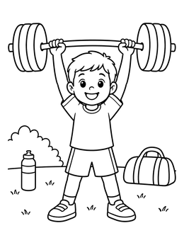 Free printable Cheerful Boy Lifting Weights Outdoors coloring page
