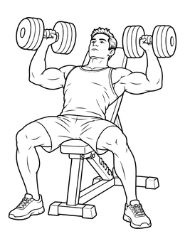An athlete on a weight lifting coloring page pressing heavy dumbbells on an incline bench.