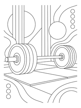 A detailed weight lifting coloring page showing a loaded barbell resting on gym mats with abstract decor.