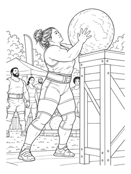 An inspiring weight lifting coloring page showing an athletic woman loading a heavy stone onto a wooden platform.