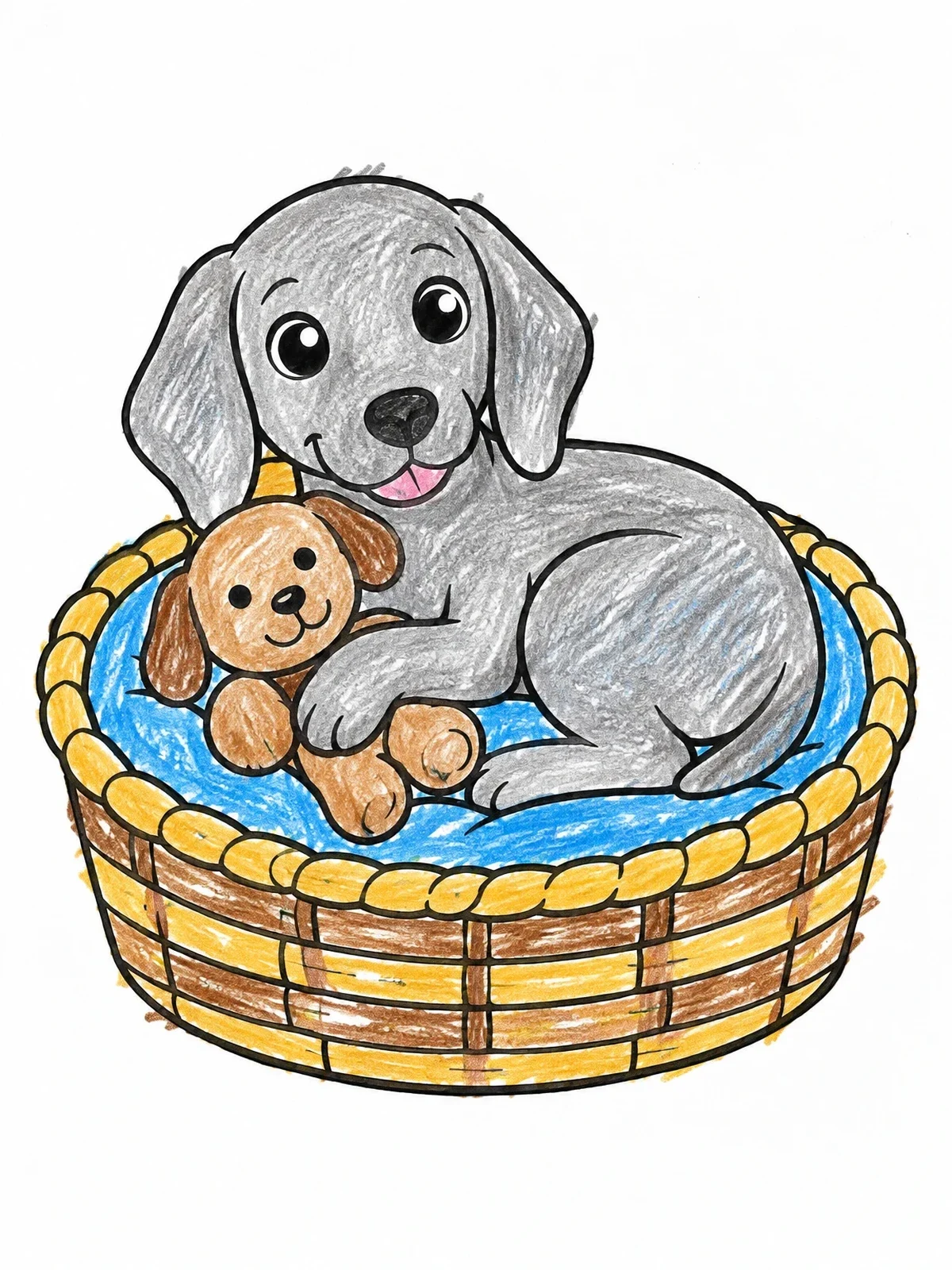 Colored example of the Cozy Puppy In Wicker Basket coloring page