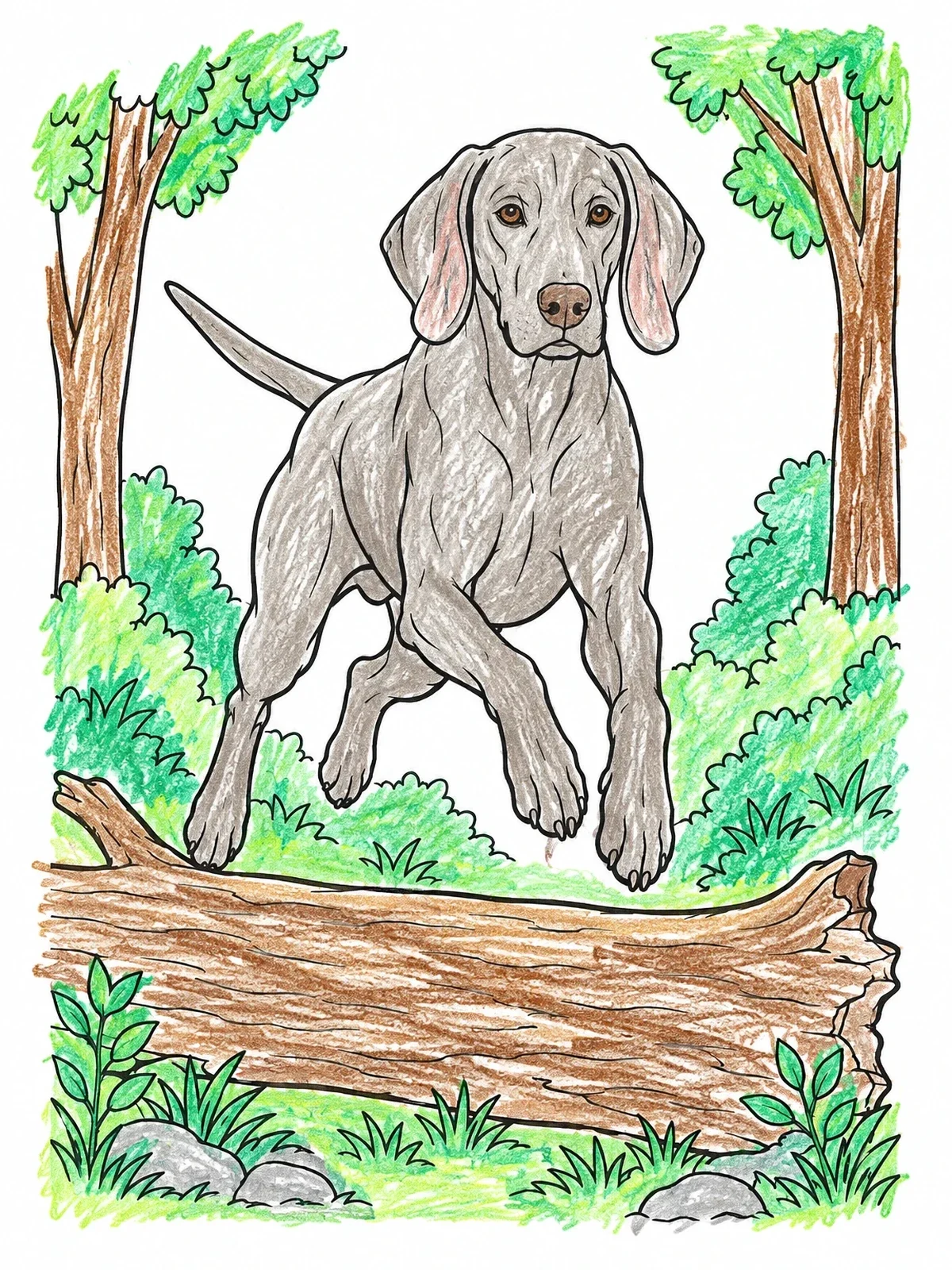 Colored example of the Weimaraner Jumping Over A Log coloring page