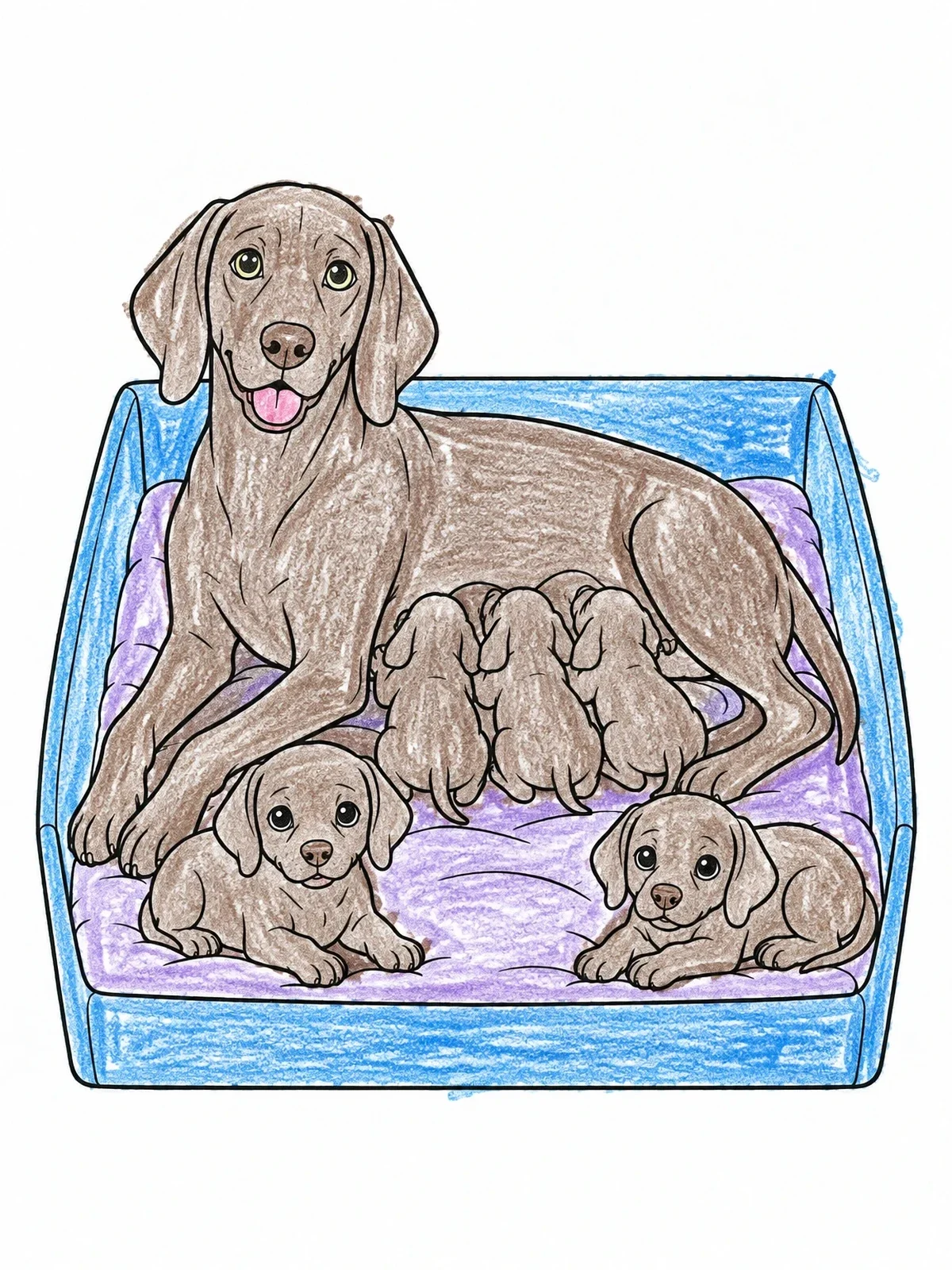 Colored example of the Weimaraner Mother With Cute Puppies coloring page