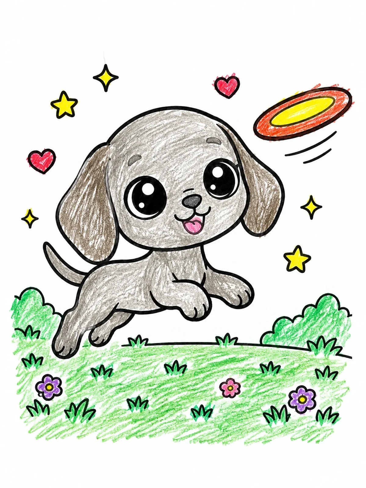 Colored example of the Playful Puppy Chasing A Flying Disc coloring page