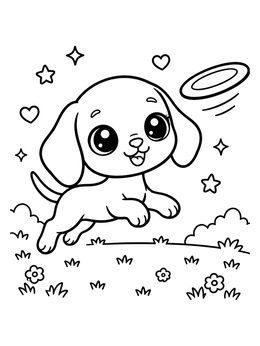 Free printable Playful Puppy Chasing A Flying Disc coloring page