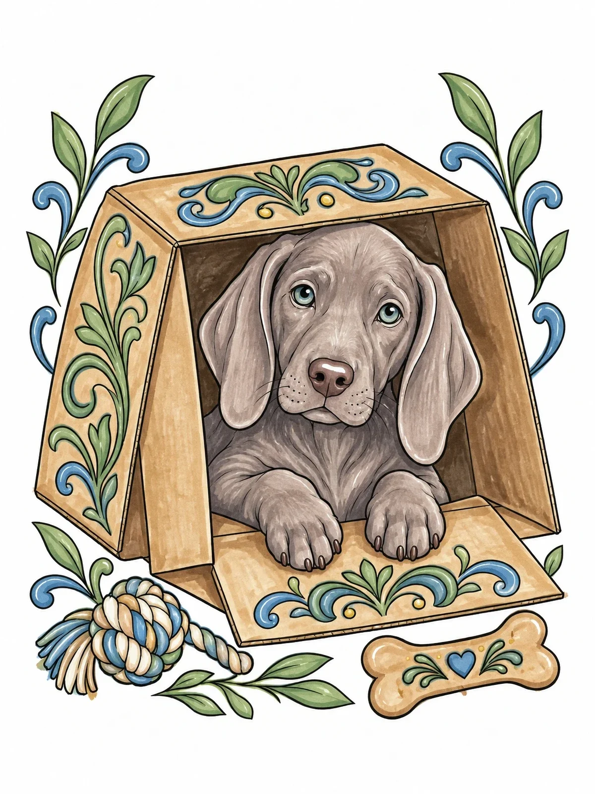 Colored example of the Weimaraner Puppy In A Box coloring page