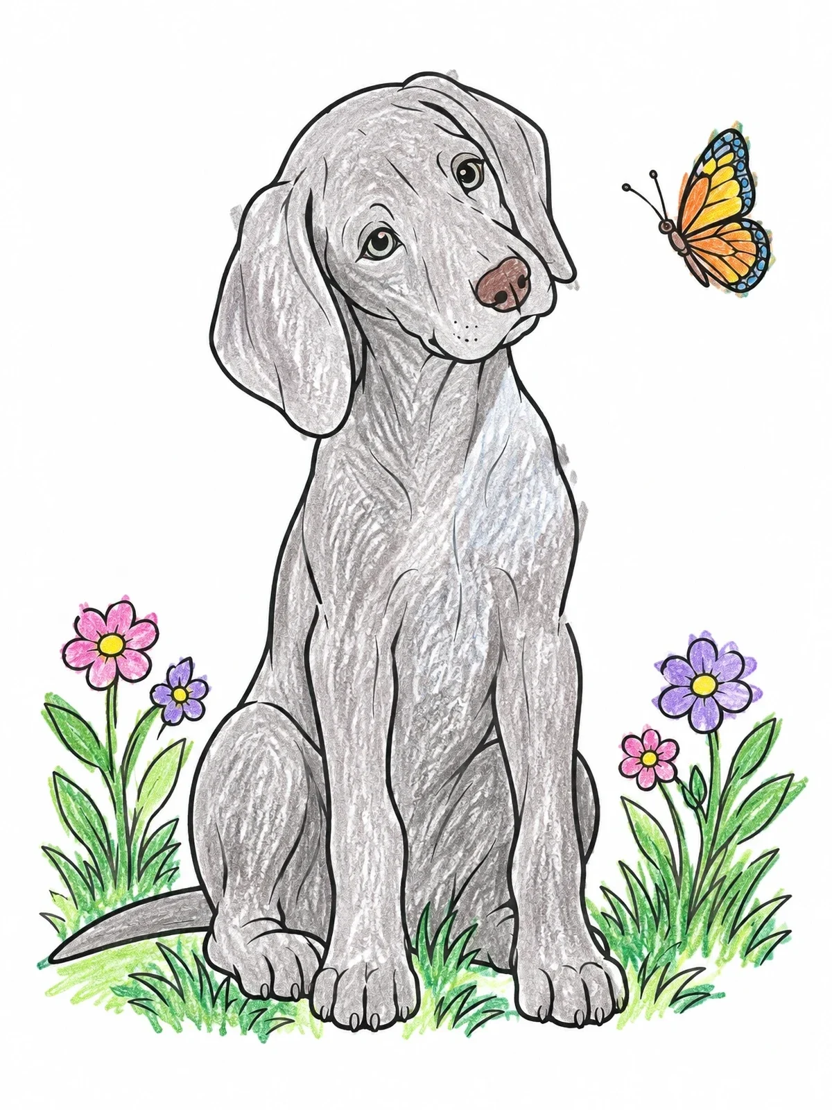 Colored example of the Weimaraner Puppy With Butterfly In Garden coloring page
