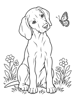 A curious puppy watches a flying butterfly in this weimaraner coloring page.